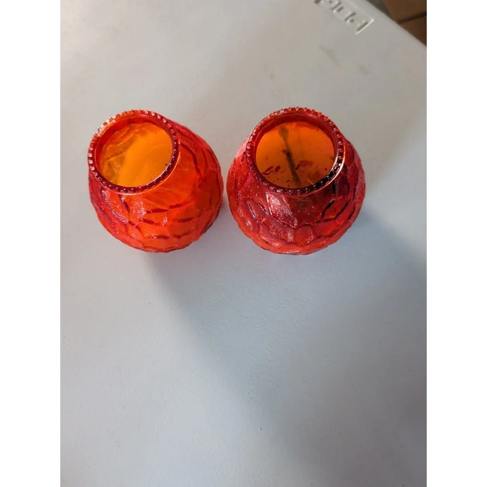 Vintage MCM Orange, Red Lowboy Citronella Textured Glass  Candles. Venetian 132